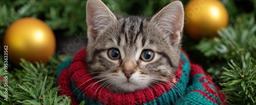 the charming kitten in a snug scarf cuddled among colorful holiday decorations