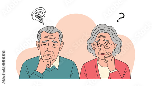 Concerned elderly man and woman looking worried and confused with a thought bubble and question mark symbols.