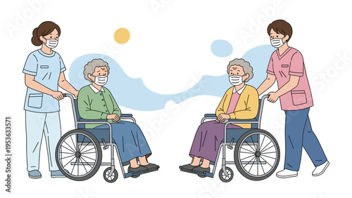 Two female nurses wearing protective face masks and scrubs pushing elderly women in wheelchairs for a stroll outdoors.