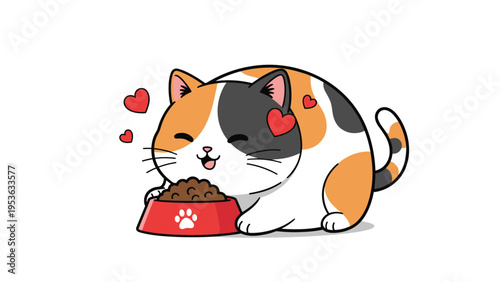 Chubby calico cat happily eating from its red food bowl surrounded by floating hearts representing love for pets.