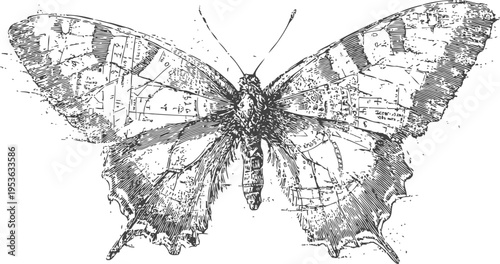 Vintage detailed illustration of a butterfly with open wings in black and white