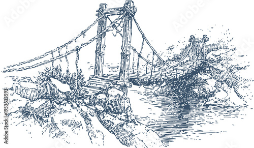 Rustic wooden suspension bridge over river with rocky banks hand drawn vintage landscape illustration