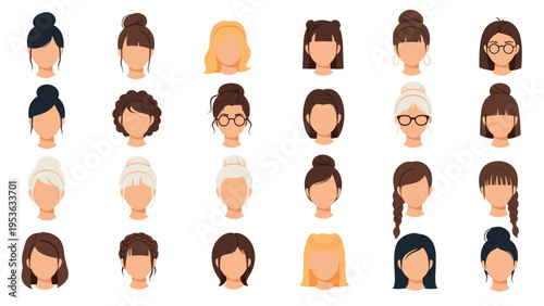 Grid of twenty four faceless female avatars showcasing a wide variety of hair colors and stylish hairstyles.