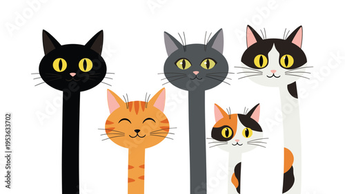 Funny collection of five cats with unusually long necks standing in a row including black, grey, and tabby breeds.