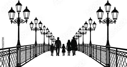 Family walking on bridge silhouette, vintage street lamps perspective, urban scene with parents and children, city lifestyle illustration, black vector design