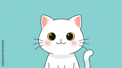 Cute white kitten with big yellow eyes and rosy cheeks looks directly forward in this adorable cartoon illustration portrait.