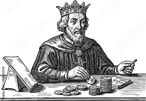 Medieval king counting coins at table with crown and royal attire in vintage engraving