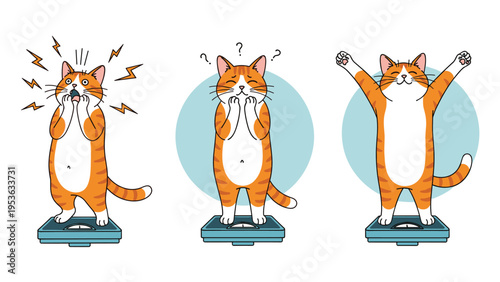 Ginger tabby cat reacts with shock, confusion, and joy while standing on a weight scale in three different poses for health tracking.