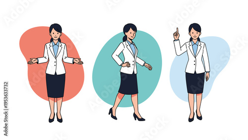 Professional woman wearing a white business jacket and navy skirt shown in three different poses for presentation and guidance.