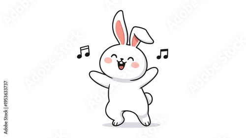 Joyful white rabbit dancing and jumping with happiness while musical notes float around in this cute and energetic cartoon scene.