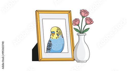 Framed portrait of a blue and yellow parakeet sitting next to a white ceramic vase filled with three delicate pink roses.