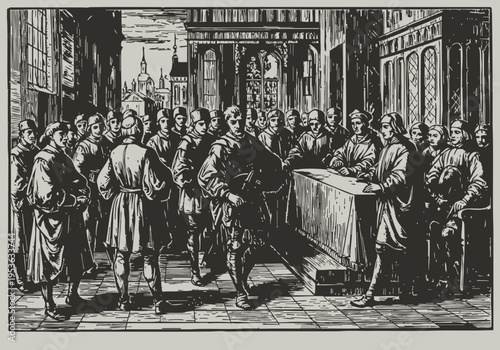 Medieval town market scene with merchants and townspeople trading and socializing