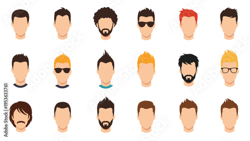Extensive set of male character avatars showing various hair colors, styles, beard types, and accessories like sunglasses or glasses.
