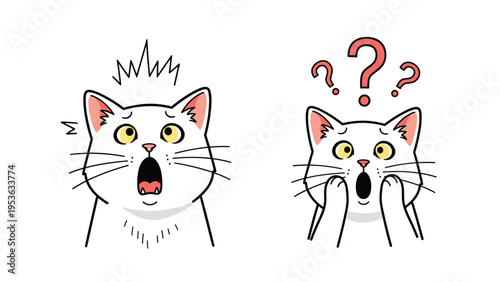 Pair of shocked white cats with wide yellow eyes and open mouths showing confusion and surprise with floating question mark icons.