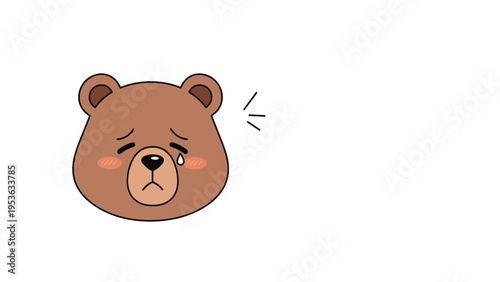 Sad brown bear character head with a single tear and blushing cheeks expressing sorrow and emotional distress in a simple illustration.
