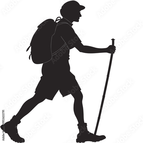 A simple black silhouette of a hiker. The figure wears a backpack and cap, uses a walking stick, and is dressed in shorts with sturdy boots clearly prepared for outdoor trekking.