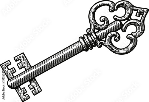 Vintage ornate key illustration antique decorative old metal skeleton key design