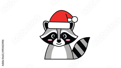 Adorable cartoon raccoon character wearing a red and white Santa hat for Christmas holiday celebrations and festive winter decor.