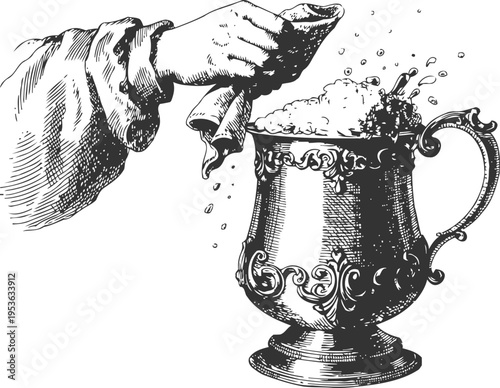 Vintage hand squeezing lemon over ornate frothy silver mug detailed engraved design