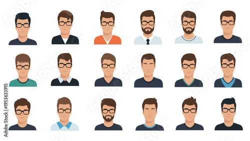 Large collection of fifteen male avatars showing diverse hairstyles facial hair and different styles of eyeglasses in flat design.