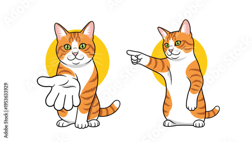 Friendly ginger tabby cat shown in two helpful poses with one paw reaching out and another pointing to the side in a guide pose.
