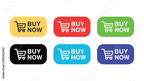 Buy now button icon set, online shopping call-to-action symbols with purchase and order labels