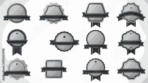 Collection of various blank silver award badges and medals with black ribbons for achievement and recognition in a flat design set.