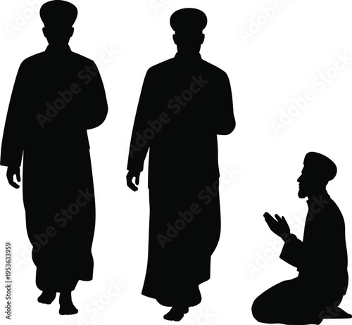 Religious silhouette figures, prayer posture icons, cultural attire illustration, spiritual devotion design, kneeling worship graphic, walking robe figures, faith representation set