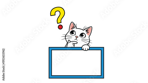 Confused white cat character peering over a blue frame with a large yellow question mark floating above its head in a fun scene.