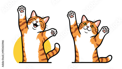 Two happy ginger tabby cats celebrating with their paws raised in a joyful and enthusiastic gesture of victory and happiness.