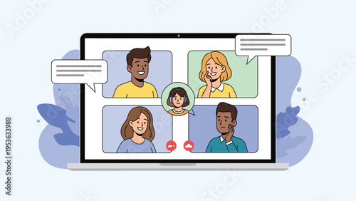 Video conference meeting displayed on a laptop screen with four participants and interactive chat bubbles for remote work communication.