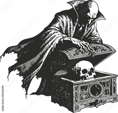 Vampire opening mysterious chest with skull inside gothic horror vampire in cloak and fangs dark fantasy undead creature classic illustration