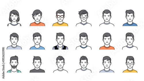 Collection of male character avatars with diverse hairstyles facial hair and glasses in a clean thin line style for profile icons.