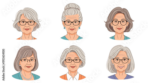 Collection of six portraits featuring diverse elderly women with different gray hairstyles and glasses on a white background, vector.