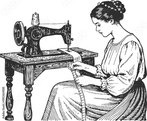 Woman sewing on vintage treadle sewing machine, measuring fabric for tailoring and dressmaking