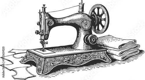 Vintage sewing machine with fabric and pattern pieces, detailed hand drawn illustration