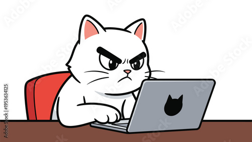 Grumpy white cat with thick black eyebrows sits at a desk and types with determination on a laptop computer, vector art illustration.