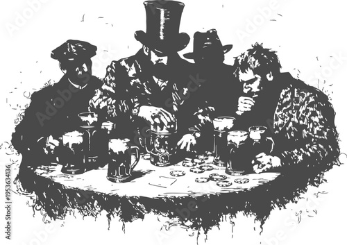 Victorian gentlemen playing cards at tavern table with beer mugs and poker chips