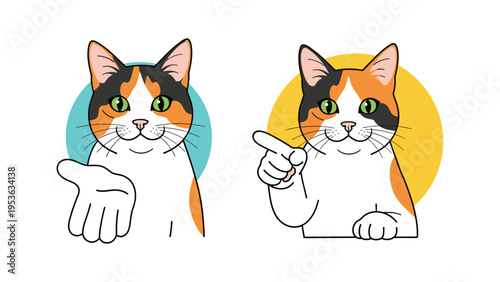 Close up of a calico cat reaching out with one paw in a welcoming gesture and pointing with another inside colorful circles, vector art.