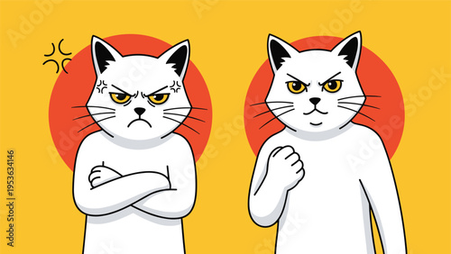 Two personified white cats exhibit anger with one crossing its arms and the other clenching a fist in frustration, vector illustration.