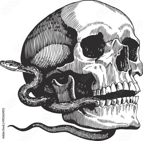 Human skull with a snake crawling through eye sockets vintage engraving illustration of mortality and danger symbolism