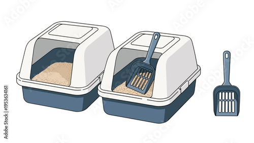 Two blue and white hooded cat litter boxes sit side by side with a matching plastic litter scoop shown separately, vector illustration.