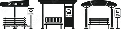 Public transportation bus stop icon set with passenger waiting at station shelter for transit navigation
