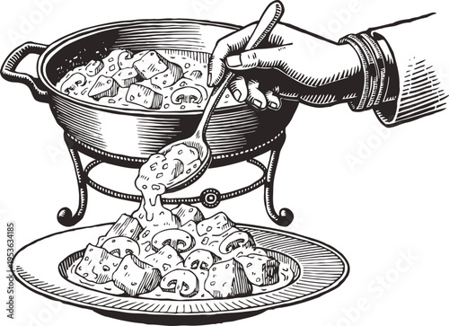 Hand serving stew into plate from pot vintage illustration of hot homemade meal with vegetables and meat