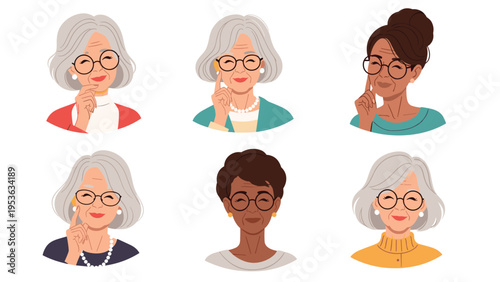 Six portraits of diverse elderly women with gray hair and glasses gesturing with their hands while thinking or having ideas, vector art.