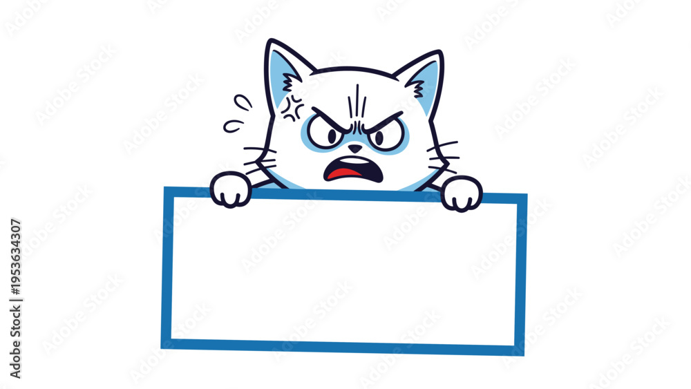 Obraz premium Angry white cat with thick black eyebrows peers over a blank white rectangular board against a plain background, vector art illustration.