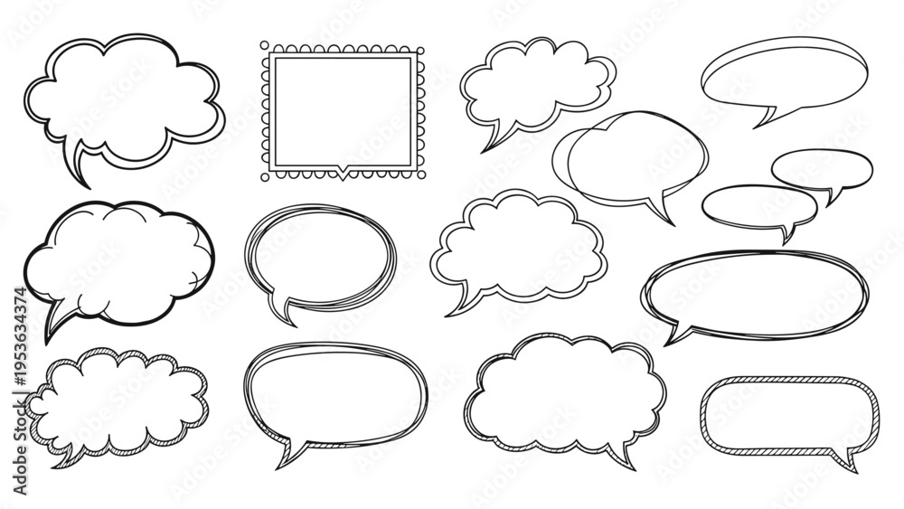 Fototapeta premium Set of diverse hand drawn speech bubbles and thought clouds with varied outlines for comic book design and dialogue illustration.