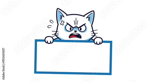 Angry white cat with thick black eyebrows peers over a blank white rectangular board against a plain background, vector art illustration.