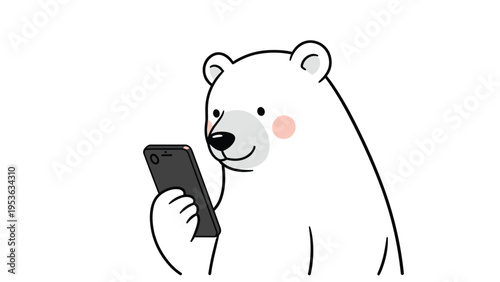 Adorable white polar bear holds and looks at a black smartphone with a gentle smile on a plain white background, vector art illustration.