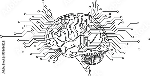 Minimalist continuous line drawing of human brain with electronic circuit connections, artificial intelligence concept, neuroscience technology illustration, digital mind network, modern vector outlin